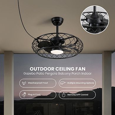 Moooni 24'' Smart Outdoor Black Cage Plug-in Ceiling Fan with Dimmable LED