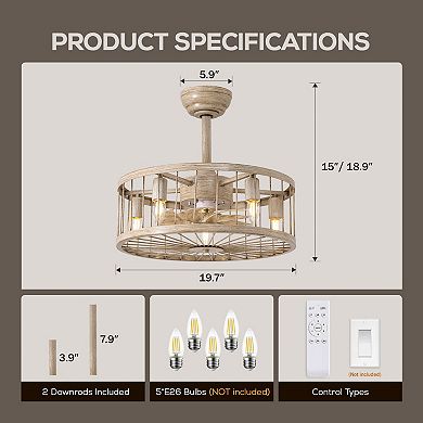 Moooni 20'' Industrial Woodgrain Caged Ceiling Fan with Remote
