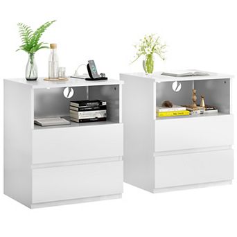 (Two-piece set) Side table with a fast USB-C charging station and large storage cabinet
