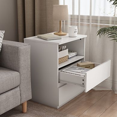(Two-piece set) Side table with a fast USB-C charging station and large storage cabinet