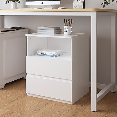 (Two-piece set) Side table with a fast USB-C charging station and large storage cabinet