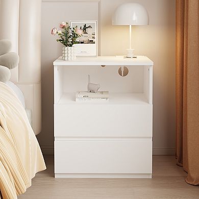 (Two-piece set) Side table with a fast USB-C charging station and large storage cabinet