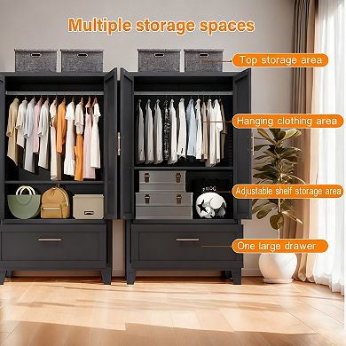 60-inch wardrobe, with 1 drawer and hanging rods, 2-door wardrobe with shelves