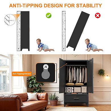 60-inch wardrobe, with 1 drawer and hanging rods, 2-door wardrobe with shelves