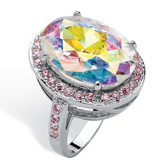 13.57 TCW Aurora Borealis & Pink Cubic Zirconia CZ Ring in Slvertone