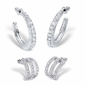 Round Crystal Silvertone 2-Pair Demi-Hoop Earring Set (1/2"-1 1/8")