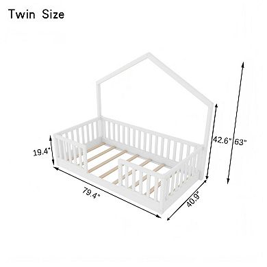 Lufeiya Twin/Full Wooden House Frame Montessori Floor Bed with High Rails and LED Light