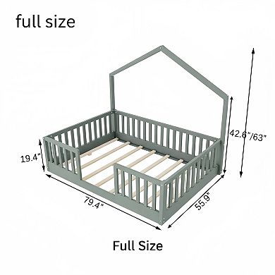 Lufeiya Twin/Full Wooden House Frame Montessori Floor Bed with High Rails and LED Light
