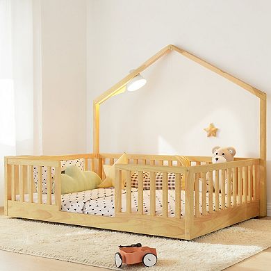 Lufeiya Twin/Full Wooden House Frame Montessori Floor Bed with High Rails and LED Light