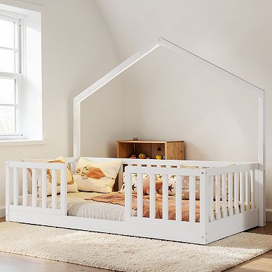 Lufeiya Twin/Full Wooden House Frame Montessori Floor Bed with High Rails and LED Light