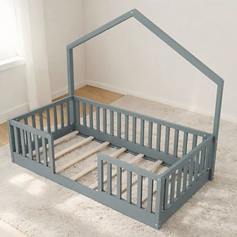Lufeiya Twin/Full Wooden House Frame Montessori Floor Bed with High Rails and LED Light