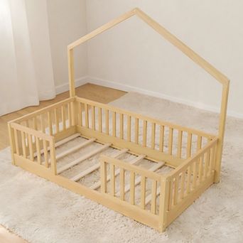 Lufeiya Twin/Full Wooden House Frame Montessori Floor Bed with High Rails and LED Light