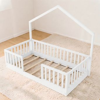 Lufeiya Twin/Full Wooden House Frame Montessori Floor Bed with High Rails and LED Light