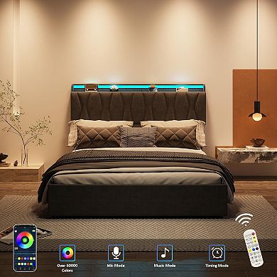 Lift Up Bed Frame with Storage Underneath, Upholstered Bed Frame with Headboard, Charging Station