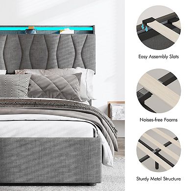 Lift Up Bed Frame with Storage Underneath, Upholstered Bed Frame with Headboard, Charging Station