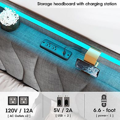 Lift Up Bed Frame with Storage Underneath, Upholstered Bed Frame with Headboard, Charging Station
