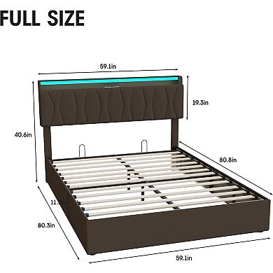 Lift Up Bed Frame with Storage Underneath, Upholstered Bed Frame with Headboard, Charging Station