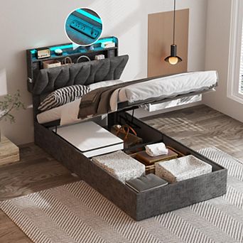 Lift Up Bed Frame with Storage Underneath, Upholstered Bed Frame with Headboard, Charging Station