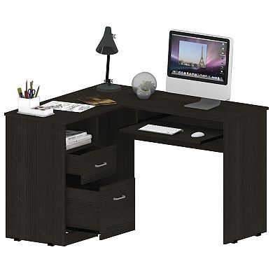 Mix L-Shaped Desk, Keyboard Tray, Two Drawers, Single Open Shelf