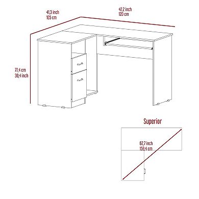 Mix L-Shaped Desk, Keyboard Tray, Two Drawers, Single Open Shelf