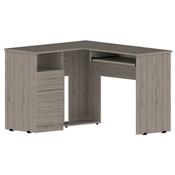 Mix L-Shaped Desk, Keyboard Tray, Two Drawers, Single Open Shelf