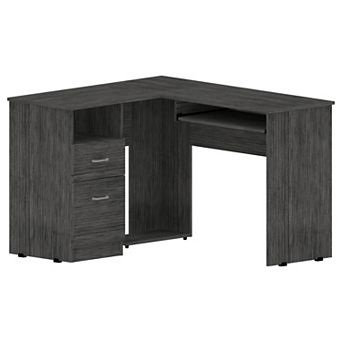 Mix L-Shaped Desk, Keyboard Tray, Two Drawers, Single Open Shelf