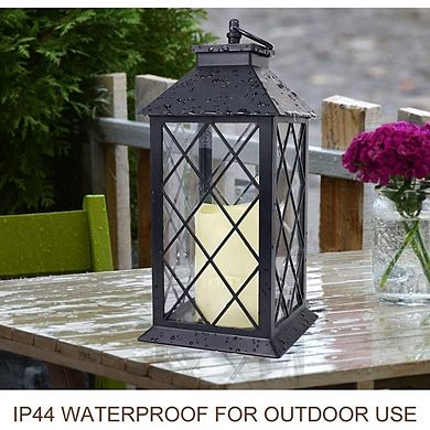 Vintage Black Candle Lantern Set with LED Pillar Candle Timer Waterproof Decor