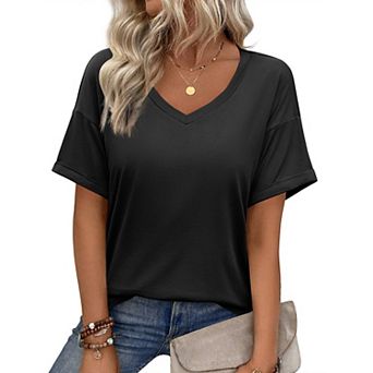 Zeagoo Womens Summer Top Casual V Neck Short Sleeve Floral Tee Shirts Ladies Tunic Tops for Legging
