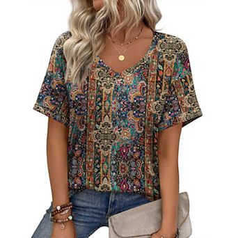 Zeagoo Womens Summer Top Casual V Neck Short Sleeve Floral Tee Shirts Ladies Tunic Tops for Legging