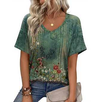 Zeagoo Womens Summer Top Casual V Neck Short Sleeve Floral Tee Shirts Ladies Tunic Tops for Legging