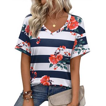 Zeagoo Womens Summer Top Casual V Neck Short Sleeve Floral Tee Shirts Ladies Tunic Tops for Legging