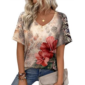 Zeagoo Womens Summer Top Casual V Neck Short Sleeve Floral Tee Shirts Ladies Tunic Tops for Legging