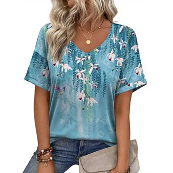 Zeagoo Womens Summer Top Casual V Neck Short Sleeve Floral Tee Shirts Ladies Tunic Tops for Legging