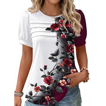 Zeagoo Women's Puff Short Sleeve Tunic Tops, Loose Fit Crewneck Flowy Business Casual Blouses