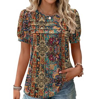 Zeagoo Women's Puff Short Sleeve Tunic Tops, Loose Fit Crewneck Flowy Business Casual Blouses