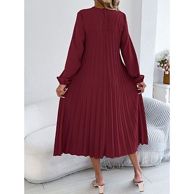 Women's Retro Solid Color Round Neck Long Sleeve Pleated Dress with Pockets