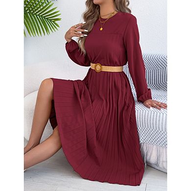 Women's Retro Solid Color Round Neck Long Sleeve Pleated Dress with Pockets