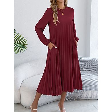 Women's Retro Solid Color Round Neck Long Sleeve Pleated Dress with Pockets