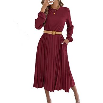 Women's Retro Solid Color Round Neck Long Sleeve Pleated Dress with Pockets