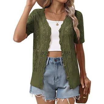 Zeagoo Women's Short Sleeve V-Neck Button Up Lightweight Hollow Out Cardigan Sweater Shrug