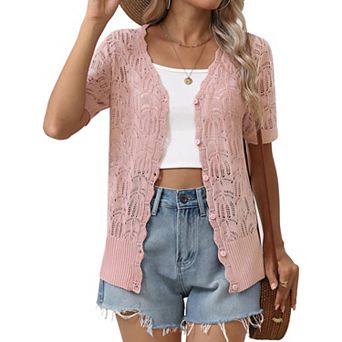 Zeagoo Women's Short Sleeve V-Neck Button Up Lightweight Hollow Out Cardigan Sweater Shrug