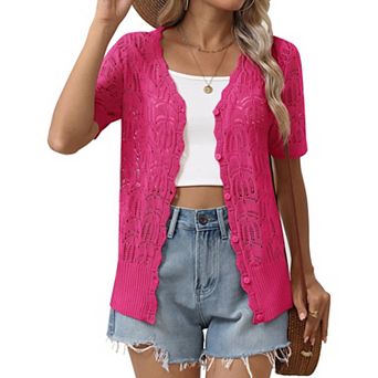 Zeagoo Women's Short Sleeve V-Neck Button Up Lightweight Hollow Out Cardigan Sweater Shrug