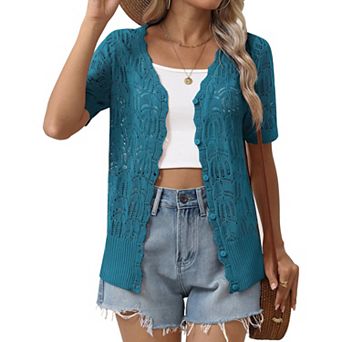 Zeagoo Women's Short Sleeve V-Neck Button Up Lightweight Hollow Out Cardigan Sweater Shrug