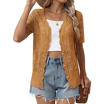 Zeagoo Women's Short Sleeve V-Neck Button Up Lightweight Hollow Out Cardigan Sweater Shrug