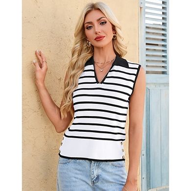Womens Casual Sleeveless Polo Top Stripe Contrast Collar Side Button Knit Top for Daily Work Office