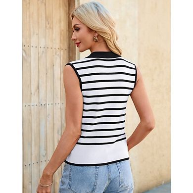 Womens Casual Sleeveless Polo Top Stripe Contrast Collar Side Button Knit Top for Daily Work Office