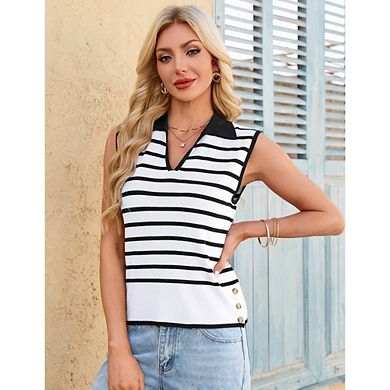 Womens Casual Sleeveless Polo Top Stripe Contrast Collar Side Button Knit Top for Daily Work Office