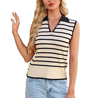 Womens Casual Sleeveless Polo Top Stripe Contrast Collar Side Button Knit Top for Daily Work Office