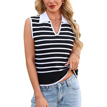 Womens Casual Sleeveless Polo Top Stripe Contrast Collar Side Button Knit Top for Daily Work Office