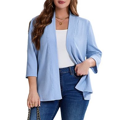 Womens Plus Size Cardigan Casual 3/4 Sleeve Waffle Knit Open Front Tops